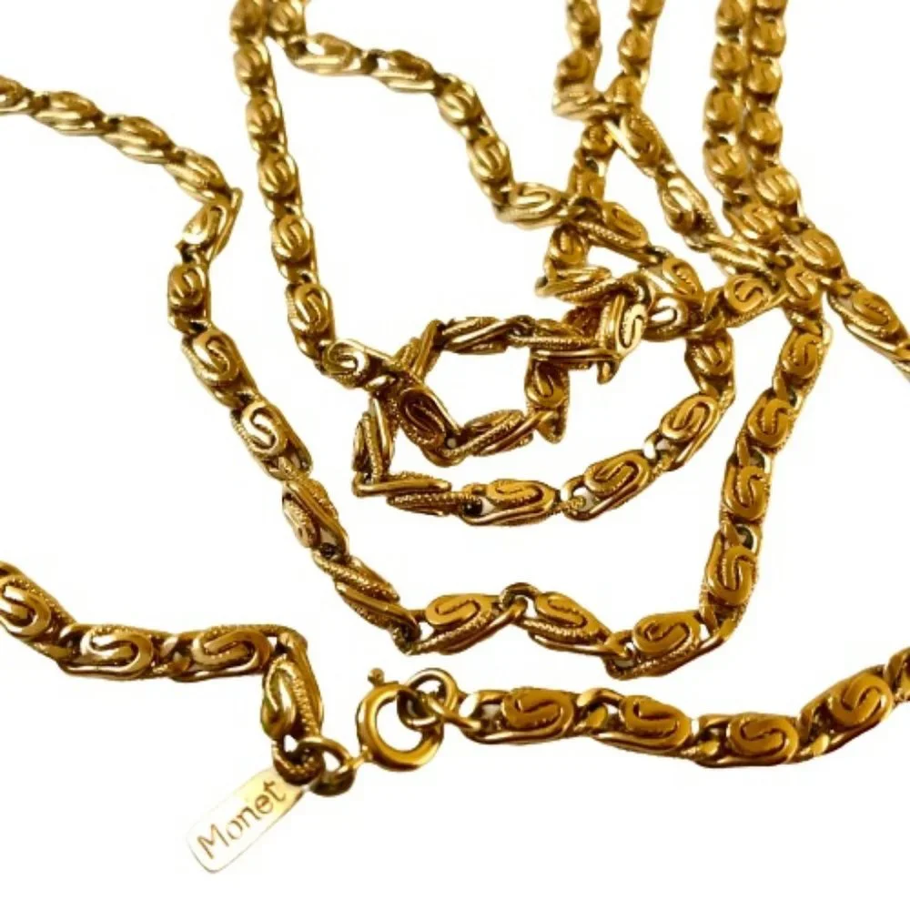 Monet Vintage Gold Tone Chain Necklace Paperclip Fancy Signed Extra Long